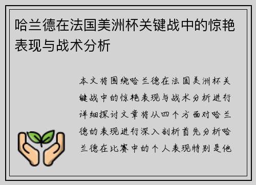 哈兰德在法国美洲杯关键战中的惊艳表现与战术分析