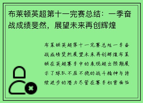布莱顿英超第十一完赛总结：一季奋战成绩斐然，展望未来再创辉煌